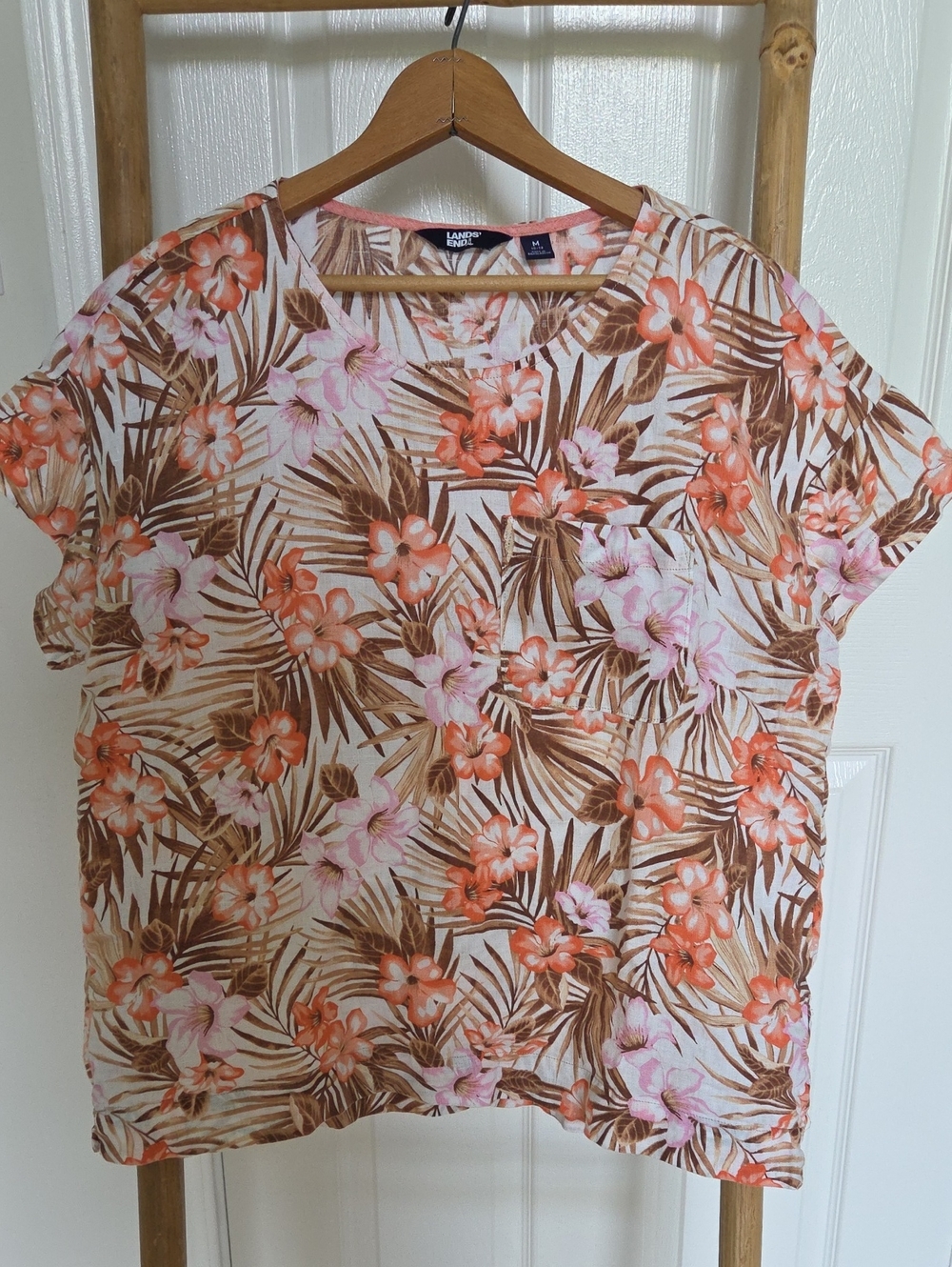 Lands' End Linen Tropical Print Short Sleeve Top Coral, Pink & Brown Med 10-12